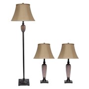 LALIA HOME 3pc Metal Lamp Set2 Table Lamps, 1 Floor LampLight Brown Shades, Hammered Bronze Finish LHS-1001-HZ